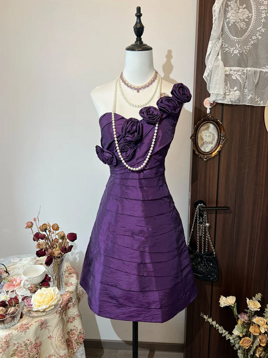 Dark purple asymmetrical neckline three-dimensional flower waist charming A-line skirt homecoming dress R4240