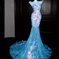 Lake Blue Fairy-Style Fitted-Waist Slim-Fit Hip-Hugging Mermaid-Length Prom Dress R6504