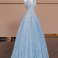 Light blue halter neck fitted waist A-line skirt long ball gown/bridal dress R8294