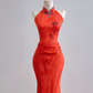 Red Chinese-style neckline, fitted waist, slim-fitting, long, sexy ball gown R8157