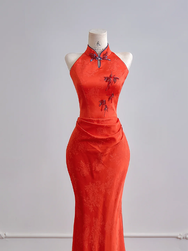 Red Chinese-style neckline, fitted waist, slim-fitting, long, sexy ball gown R8157