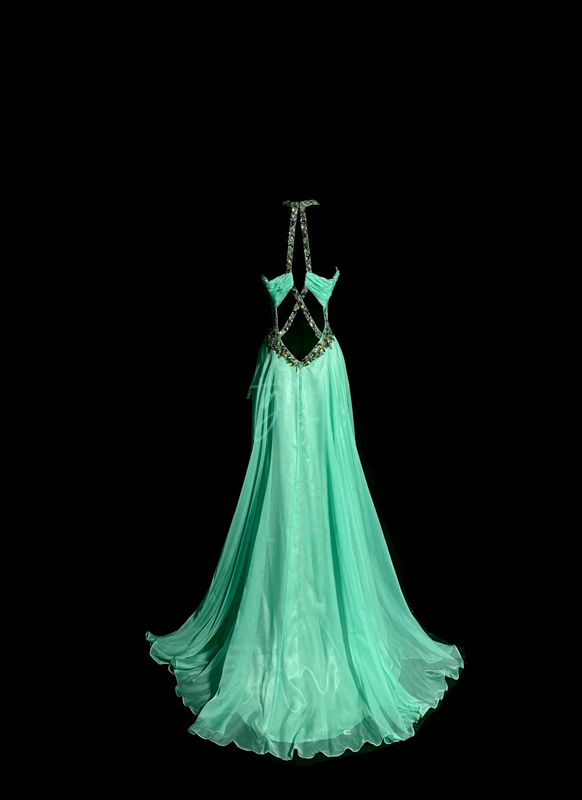 Green halter-neck, fitted waist, sexy long ball gown R6624
