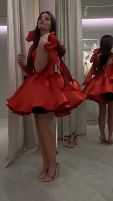 Red Spaghetti‑Strap Tie‑Waist A‑Line Princess Mini Homecoming Dress R5454