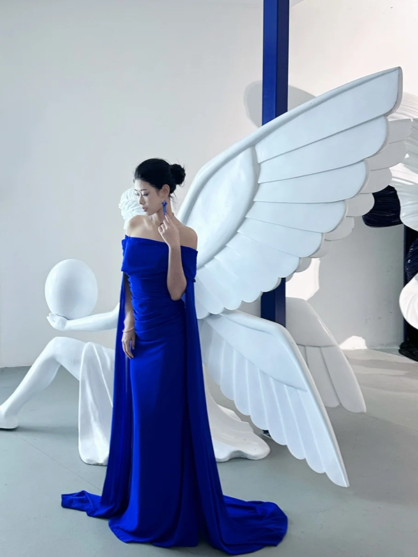 Blue one-shoulder waist elegant slim sexy long ball gown R6105