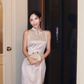 White sleeveless fitted waist elegant classic midi-length ball gown R6862