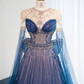 Dark blue round neck fitted waist long ball gown R8990