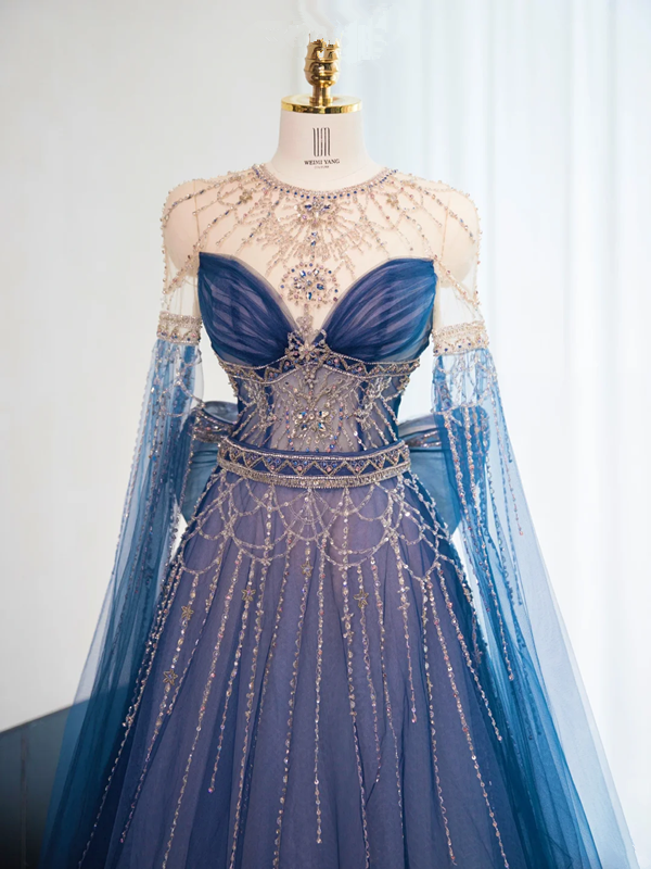 Dark blue round neck fitted waist long ball gown R8990