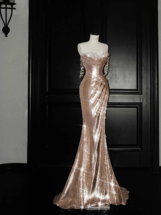 Rose Gold Strapless Sequined Waisted Slim Fit Hip Maxi Dress, prom dress R5633