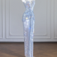 Light blue halter-neck, fitted, bodycon, sexy sequined long ball gown R8244
