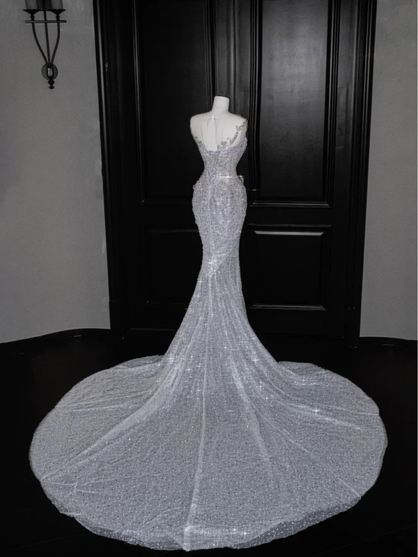 White suspender sequined waist slim hip fishtail long skirt, prom dress R5669