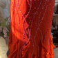 Red halter-neck fitted bodycon long ball gown R6544