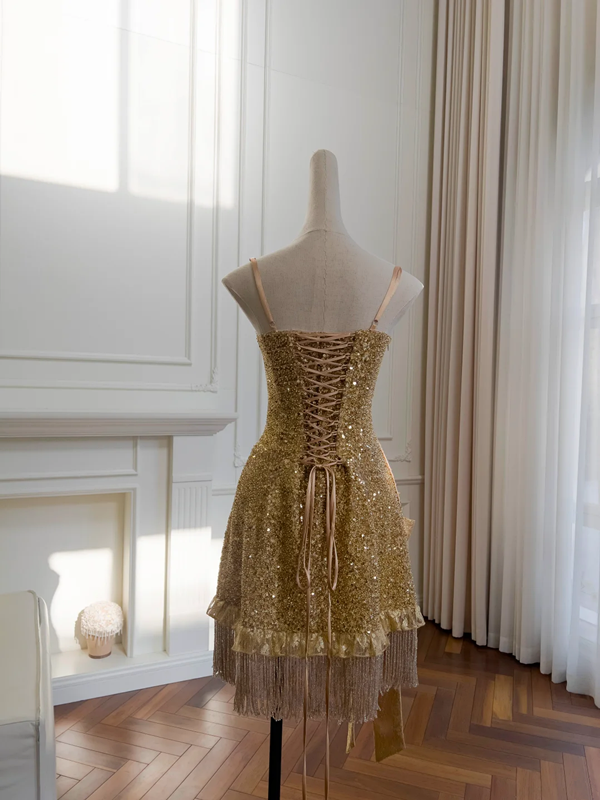 Gold Sequined Strapless Waist Slim Fit Sexy Short Skirt Homecoming Dress R5013