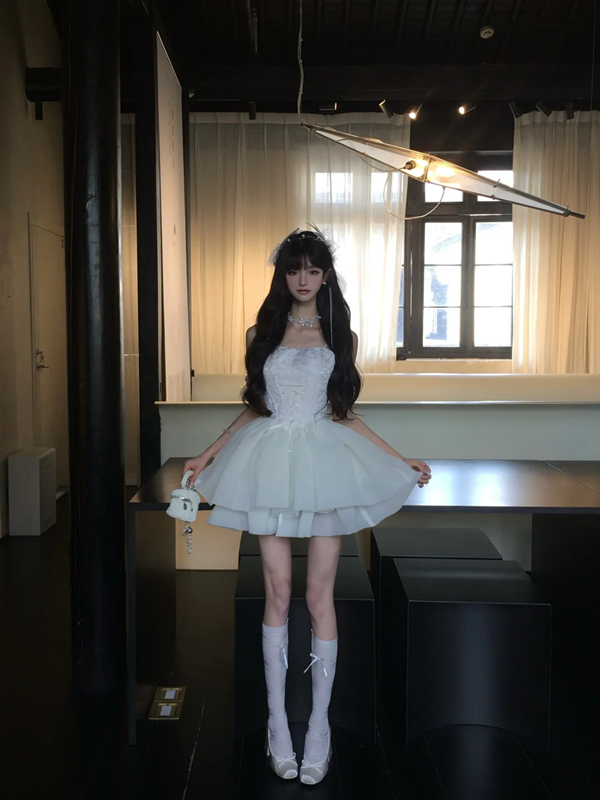 White tube top waist slim fit puffy princess skirt homecoming dress R5091