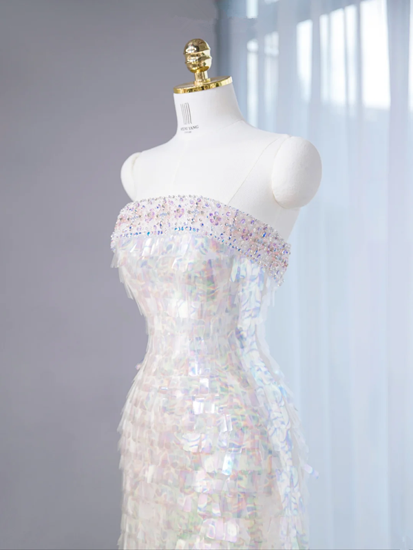 White iridescent sequined strapless fitted waist sexy long ball gown/bridal dress R9020