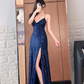 Deep blue sequined halter-neck cinched waist slit sexy long ball gown R7543