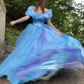 Blue princess dress with slim waist and puffy skirt, prom dress R5354