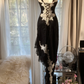 Black and white lace halter top, fitted waist, irregular hem, long ball gown R7739
