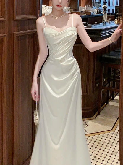 White halter waist pleated satin maxi ball gown R6225