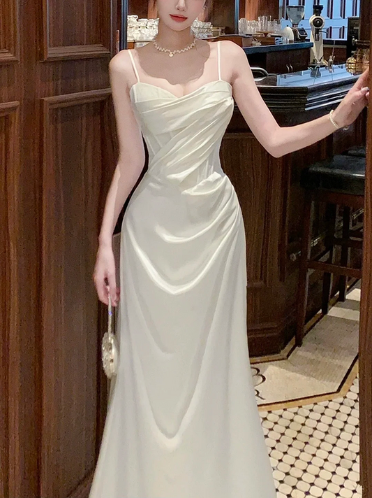 White halter waist pleated satin maxi ball gown R6225