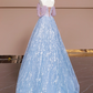 Light pink off-the-shoulder, fitted waist, long ball gown with light blue skirt; bridal gown R8351