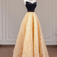Black strapless bodice with apricot rose floral skirt, long ball gown R8264