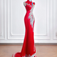 Red Chinese-style cheongsam with classic embroidery and print, fitted waist, bodycon long ball gown, bridal dress R8208