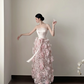 Light pink strapless, waist‑cinched, 3D floral ruffle hem, long prom dress R7969