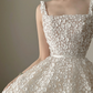 White floral-print spaghetti-strap waist-cinched slim-fit long ball gown with a ruffled skirt, wedding dress R8009
