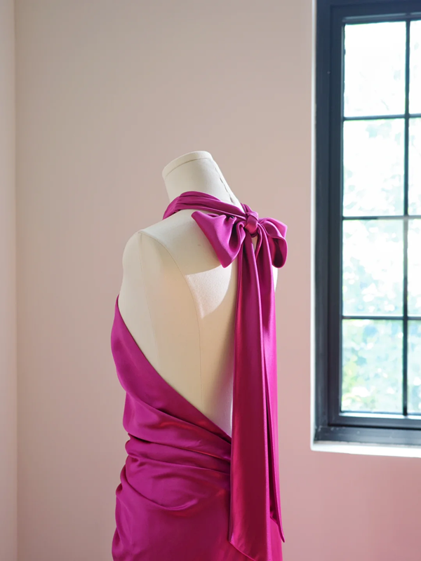 Rose pink halter neck fitted waist backless sexy long ball gown R8469