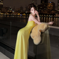 Yellow halter-neck, fitted waist, sexy long ball gown R7063