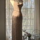 Champagne-colored halter-neck, fitted waist, bodycon long ball gown R7699