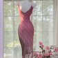 Light pink gradient halter top, fitted waist, elegant tassel skirt, ball gown R7658