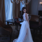 White V-Neck Waist-Cinched High-Slit Elegant Floor-Length Prom Dress R7103