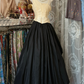 Apricot-colored top with a fitted waist and a black tulle skirt, a ball gown R6304