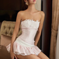 Pink tube top lace waist slim fit irregular skirt short skirt homecoming dress R4402