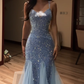 Light blue halter-neck fitted bodycon fishtail skirt ball gown R8067