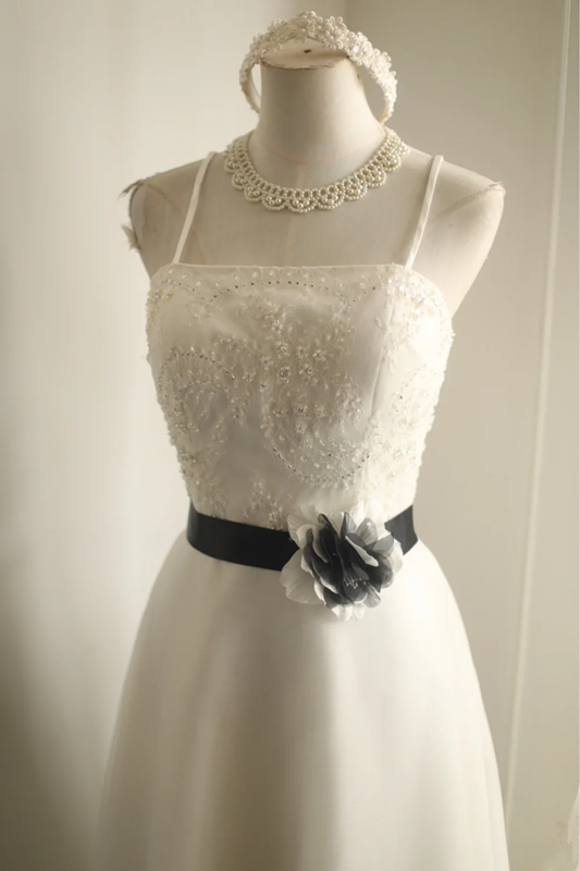 Ivory white halter-neck fitted waist slim beaded midi ball gown R6823