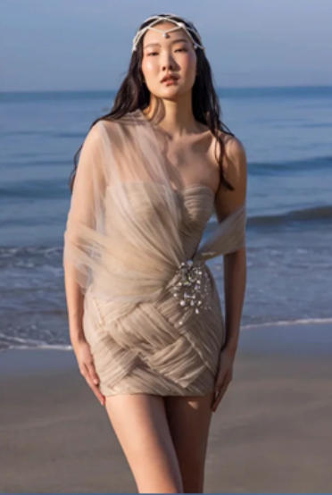 Light brown tube top waist slim hip sexy short skirt homecoming dress R4604