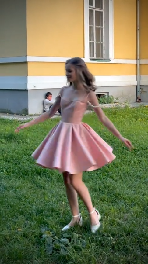 Pink suspender waist slim A-line short skirt homecoming dress R5593