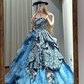 Blue floral print strapless fitted waist slim-fitting ball gown with a full skirt R8627