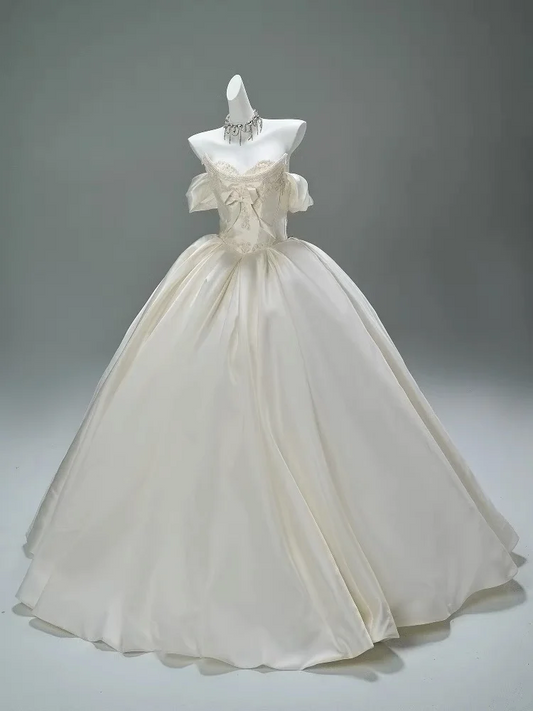 White tube top slim waist puffy long dress bridal gown R5751