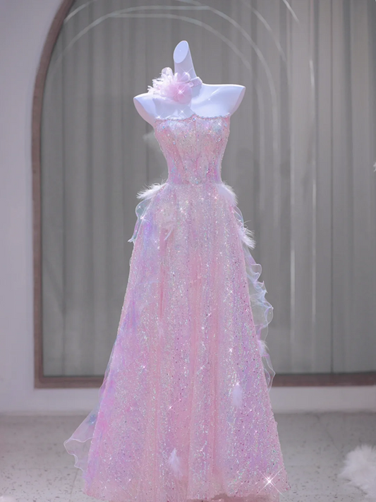 Pink Strapless Sequined Waist Slim Fit Cute Ball Gown Bridal Dress R5866