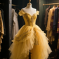 Gold one-shoulder slim waist ball gown with fluffy tulle skirt R6083