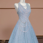 Light blue halter neck fitted waist A-line skirt long ball gown/bridal dress R8294