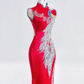 Red Chinese-style cheongsam with classic embroidery and print, fitted waist, bodycon long ball gown, bridal dress R8208
