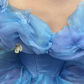 Blue princess dress with slim waist and puffy skirt, prom dress R5354