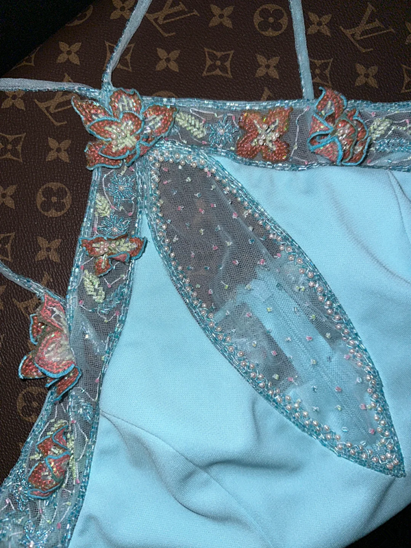 Light blue halter neckline with beaded details, fitted waist, elegant long ball gown R6903