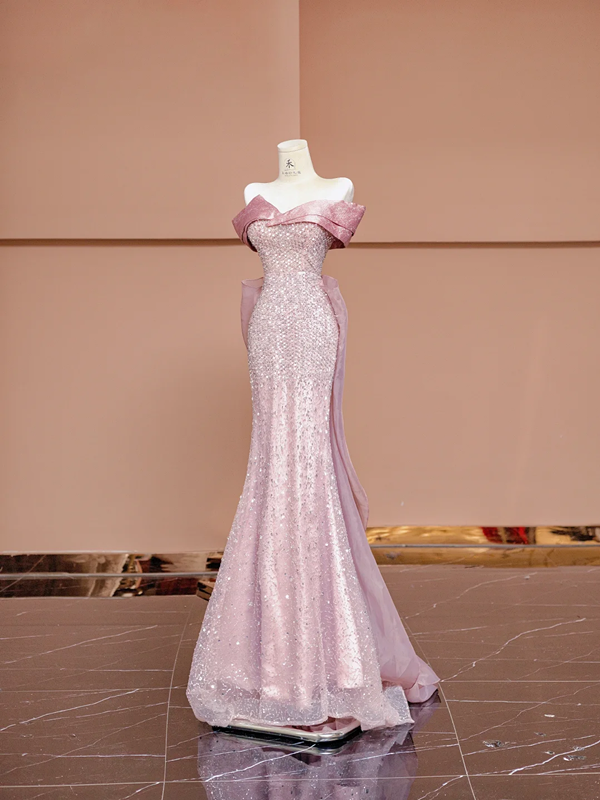 Light pink off-shoulder fitted waist bodycon sexy long ball gown R8409