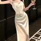 White halter waist pleated satin maxi ball gown R6225