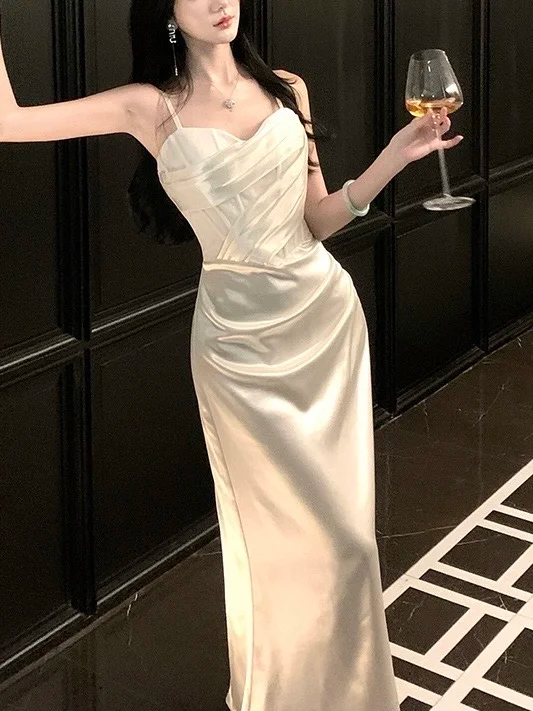 White halter waist pleated satin maxi ball gown R6225